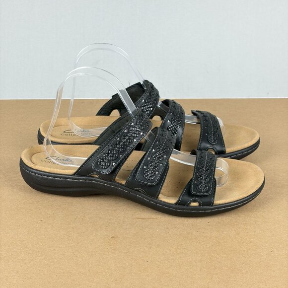 Clarks Laurieann Cove Three Strap Sandals Womens 10 Black Leather Hook and Loop - Picture 3 of 10
